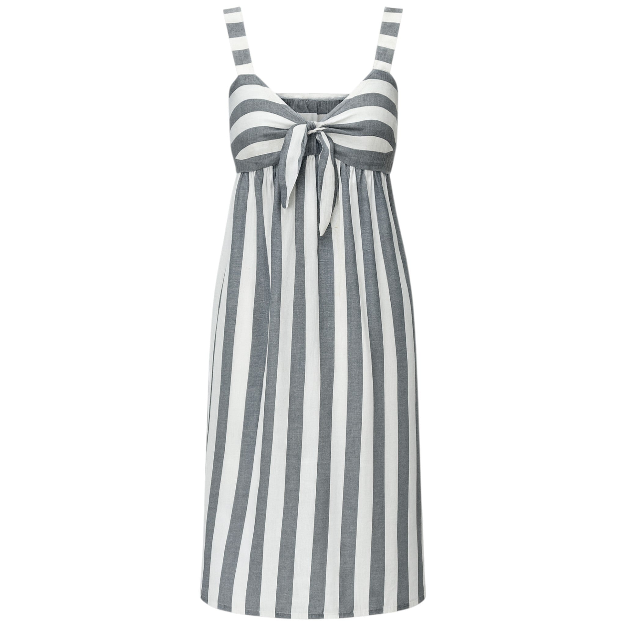 Women's striped sundress with front tie bow and adjustable straps – lightweight summer dress in grey and white